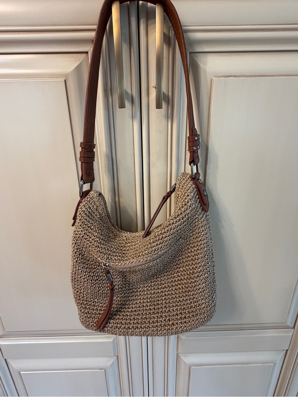 The Sak Beige Woven Shoulder Bag with Brown Leather Strap